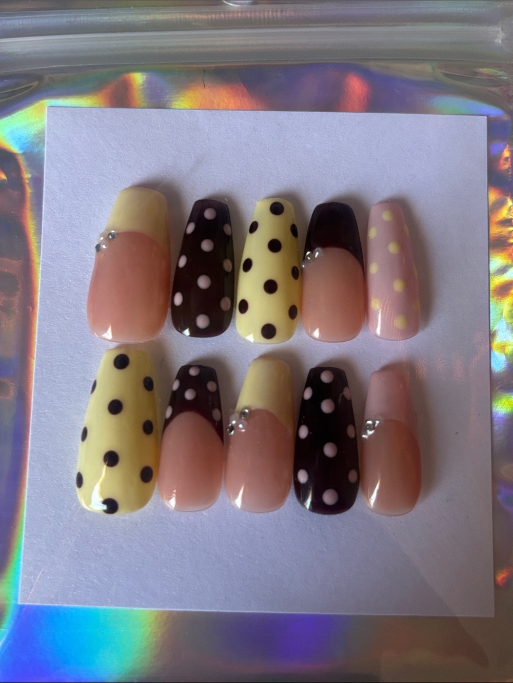 Medium Yellow, pink, and brown polka dot/french Coffin press-on nails Hand paint